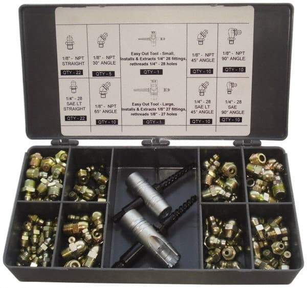 PRO-LUBE - 101 Piece, Metric, Box Plastic Steel Grease Fitting Set - Includes Metric Thread Types, Includes M10x1: (20) Straight, (5) 45°, (10) 90°, M6x1: (30) Straight, (5) 45°, (10) 90°, M8x1: (14) Straight, (5) 90° - USA Tool & Supply