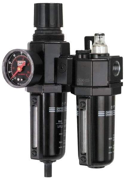 ARO/Ingersoll-Rand - 3/8" NPT Port Standard 2 Piece Filter/Regulator-Lubricator FRL Unit - Metal Bowl, 96 SCFM, 250 Max psi, 9.8" High, Manual Drain - USA Tool & Supply