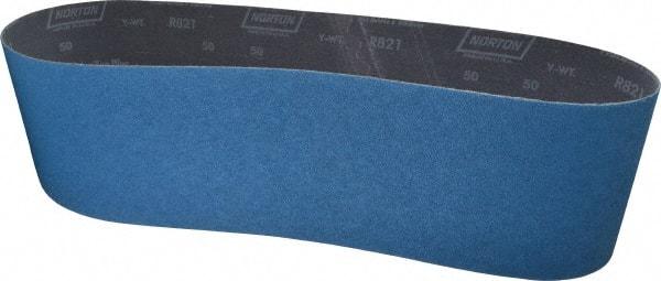 Norton - 6" Wide x 48" OAL, 50 Grit, Zirconia Alumina Abrasive Belt - Zirconia Alumina, Coarse, Coated, Y Weighted Cloth Backing, Dry, Series R821 - USA Tool & Supply