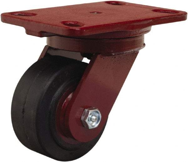 Hamilton - 4" Diam x 2" Wide x 5-5/8" OAH Top Plate Mount Swivel Caster - Rubber Mold on Cast Iron, 300 Lb Capacity, Straight Roller Bearing, 4-1/2 x 6-1/2" Plate - USA Tool & Supply