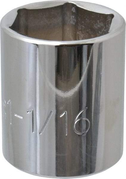 Proto - 1-1/16", 1/2" Drive, Standard Hand Socket - 6 Points, 1-41/64" OAL, Chrome Finish - USA Tool & Supply