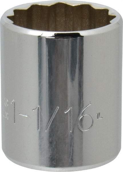 Proto - 1-1/16", 1/2" Drive, Standard Hand Socket - 12 Points, 1-5/8" OAL, Chrome Finish - USA Tool & Supply