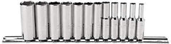 Proto - 12 Piece 1/4" Drive Deep Well Socket Set - 6 Points, 4mm to 14mm Range, Metric Measurement Standard - USA Tool & Supply