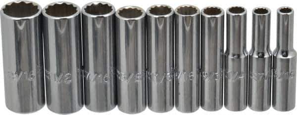 Proto - 10 Piece 1/4" Drive Deep Well Socket Set - 12 Points, 3/16" to 9/16" Range, Inch Measurement Standard - USA Tool & Supply