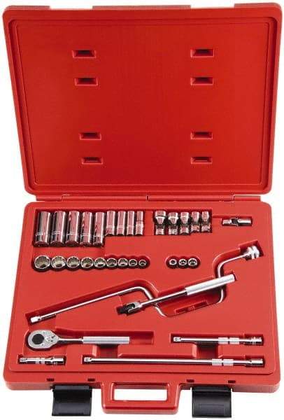 Proto - 33 Piece 3/8" Drive Socket Set - 6, 8, 12 Points, 1/4" to 7/8" Range, Inch Measurement Standard - USA Tool & Supply