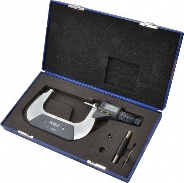 Fowler - 3 to 4 Inch Range, 0.0001 Inch Resolution, Standard Throat, IP54 Electronic Outside Micrometer - 0.0002 Inch Accuracy, Friction Thimble, 357 Battery, Data Output, Includes Case and Wrench - USA Tool & Supply