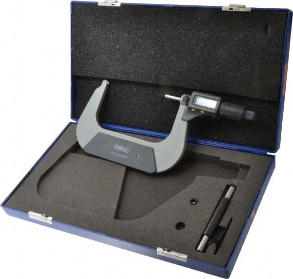 Fowler - 4 to 5 Inch Range, 0.0001 Inch Resolution, Standard Throat, IP54 Electronic Outside Micrometer - 0.0002 Inch Accuracy, Friction Thimble, 357 Battery, Data Output, Includes Case and Wrench - USA Tool & Supply
