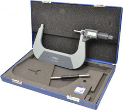Fowler - 5 to 6 Inch Range, 0.0001 Inch Resolution, Standard Throat, IP54 Electronic Outside Micrometer - 0.0002 Inch Accuracy, Friction Thimble, 357 Battery, Data Output, Includes Case and Wrench - USA Tool & Supply