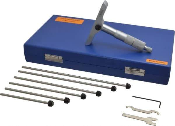 Fowler - 0 to 6" Range, 6 Rod, Satin Chrome Finish Mechanical Depth Micrometer - Ratchet Stop Thimble, 4" Base Length, 0.001" Graduation, 0.176" Rod Diam - USA Tool & Supply