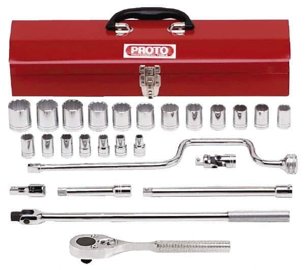 Proto - 26 Piece 1/2" Drive Socket Set - 12 Points, 3/8" to 1-1/4" Range, Inch Measurement Standard - USA Tool & Supply