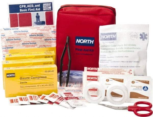 North - 61 Piece, 5 Person, Multipurpose/Auto/Travel First Aid Kit - 5" Wide x 2-1/2" Deep x 5-1/2" High, Nylon Bag - USA Tool & Supply