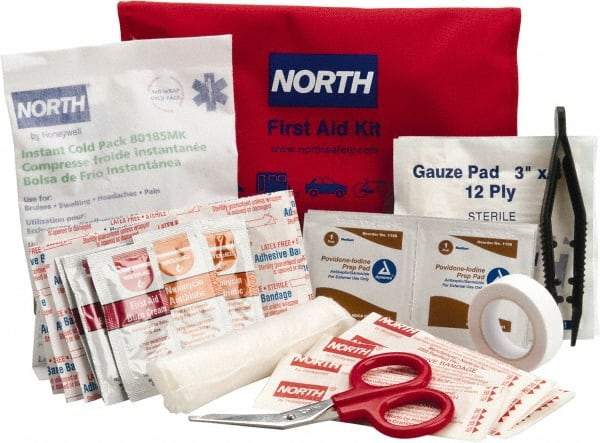 North - 39 Piece, 10 Person, Multipurpose/Auto/Travel First Aid Kit - 4-1/2" Wide x 1-1/2" Deep x 7" High, Nylon Bag - USA Tool & Supply