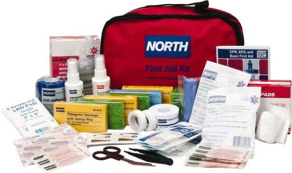 North - 187 Piece, 25 Person, Multipurpose/Auto/Travel First Aid Kit - 7" Wide x 6" Deep x 10" High, Nylon Bag - USA Tool & Supply