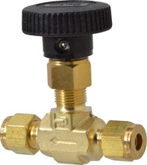 Parker - 3,000 Max psi, 1/4" Pipe, Brass, Inline Instrumentation Needle Valve - Compression x Compression CPI End Connections - USA Tool & Supply