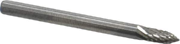 Atrax - 1/8" Cut Diam, 1/8" Shank Diam, Tree Head Double Cut Burr - Carbide, Point End, 5/16" LOC, 1-1/2" OAL - USA Tool & Supply