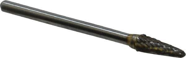 Atrax - 3/16" Cut Diam, 1/8" Shank Diam, Taper Head Double Cut Burr - Radius End, 1/2" LOC, 1-1/2" OAL - USA Tool & Supply