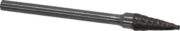 Atrax - 3/16" Cut Diam, 1/8" Shank Diam, Cone Head Single Cut Burr - Carbide, Point End, 1/2" LOC, 1-1/2" OAL - USA Tool & Supply