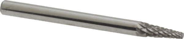 Atrax - 1/8" Cut Diam, 1/8" Shank Diam, Cone Head Double Cut Burr - Carbide, Point End, 3/8" LOC, 1-1/2" OAL - USA Tool & Supply