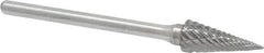 Atrax - 1/4" Cut Diam, 1/8" Shank Diam, Cone Head Double Cut Burr - Carbide, Point End, 1/2" LOC, 1-7/8" OAL - USA Tool & Supply