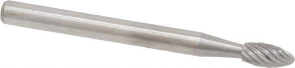 Atrax - 1/8" Cut Diam, 1/8" Shank Diam, Flame Head Single Cut Burr - Carbide, Radius End, 1/4" LOC, 1-1/2" OAL - USA Tool & Supply