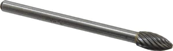 Atrax - 3/16" Cut Diam, 1/8" Shank Diam, Flame Head Single Cut Burr - Carbide, Radius End, 3/8" LOC, 1-1/2" OAL - USA Tool & Supply