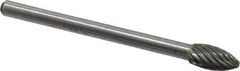 Atrax - 3/16" Cut Diam, 1/8" Shank Diam, Flame Head Single Cut Burr - Carbide, Radius End, 3/8" LOC, 1-1/2" OAL - USA Tool & Supply