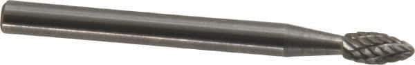 Atrax - 1/8" Cut Diam, 1/8" Shank Diam, Flame Head Double Cut Burr - Carbide, Radius End, 1/4" LOC, 1-1/2" OAL - USA Tool & Supply
