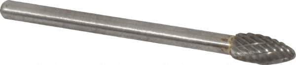 Atrax - 3/16" Cut Diam, 1/8" Shank Diam, Flame Head Double Cut Burr - Carbide, Radius End, 3/8" LOC, 1-1/2" OAL - USA Tool & Supply