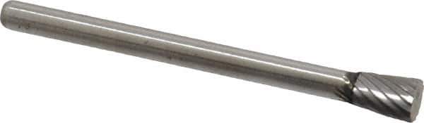 Atrax - 3/16" Cut Diam, 1/8" Shank Diam, Inverted Cone Head Single Cut Burr - Flat End, 1/4" LOC, 1-1/2" OAL - USA Tool & Supply