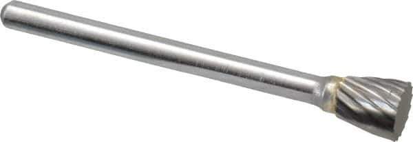 Atrax - 1/4" Cut Diam, 1/8" Shank Diam, Inverted Cone Head Single Cut Burr - Flat End, 1/4" LOC, 1-1/2" OAL - USA Tool & Supply