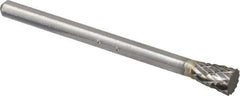 Atrax - 3/16" Cut Diam, 1/8" Shank Diam, Inverted Cone Head Double Cut Burr - Flat End, 1/4" LOC, 1-1/2" OAL - USA Tool & Supply