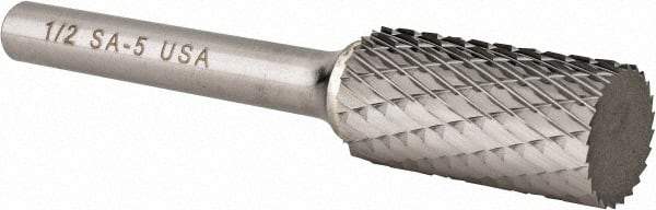 Atrax - 1/2" Cut Diam, 1/4" Shank Diam, Cylinder Head Double Cut Burr - Carbide, Flat End, 1" LOC, 2-3/4" OAL - USA Tool & Supply