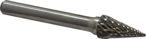 Atrax - 3/8" Cut Diam, 1/4" Shank Diam, Cone Head Double Cut Burr - Carbide, Point End, 5/8" LOC, 2-1/2" OAL - USA Tool & Supply