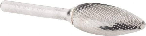 Atrax - 5/8" Cut Diam, 1/4" Shank Diam, Flame Head Single Cut Burr - Carbide, Radius End, 1-7/16" LOC, 3-3/16" OAL - USA Tool & Supply