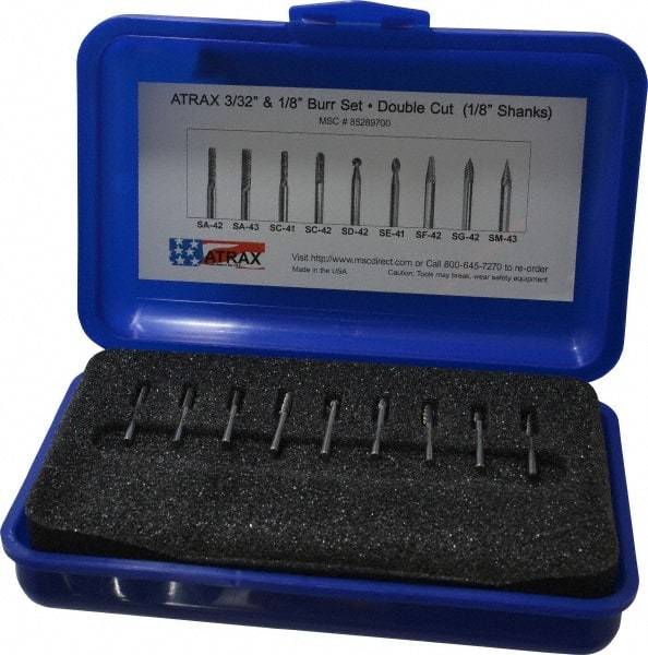 Atrax - 9 Piece, 1/8" Shank Burr Set - Tungsten Carbide, Multiple Head Shape - USA Tool & Supply