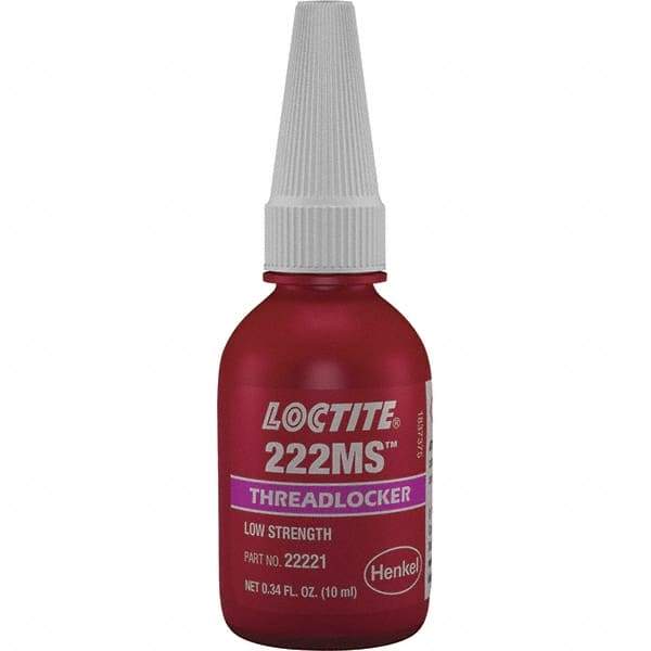 Loctite - 10 mL Bottle, Purple, Low Strength Liquid Threadlocker - Series 222, 24 hr Full Cure Time, Hand Tool Removal - USA Tool & Supply