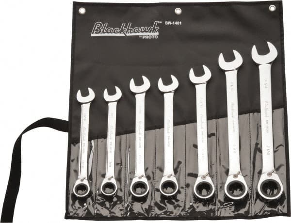 Blackhawk by Proto - 7 Pc, 13/16 - 1-1/4", Reversible Ratcheting Combination Wrench Set - USA Tool & Supply