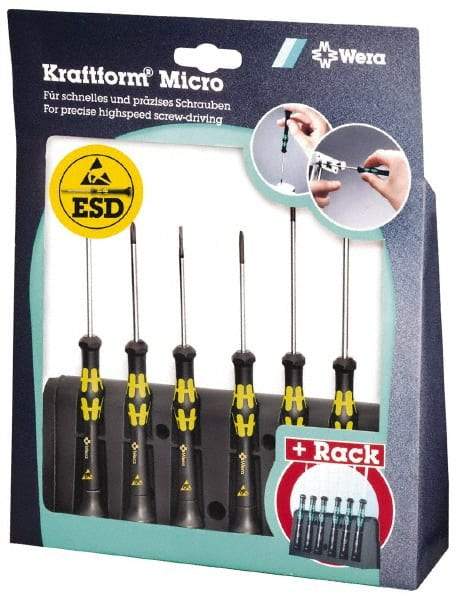 Wera - 6 Piece Phillips & Slotted Screwdriver Set - Blade Sizes: Width mm 1.2, 1.2, 1.8 & 2.5, Bit Sizes: Philips #0 to #1, Metric Length mm: 40, 60 & 80mm - USA Tool & Supply