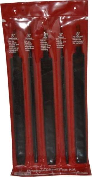 Simonds File - 5 Piece American Pattern File Set - 8" Long, Bastard Coarseness, Set Includes Flat, Half Round, Mill, Round, Square - USA Tool & Supply