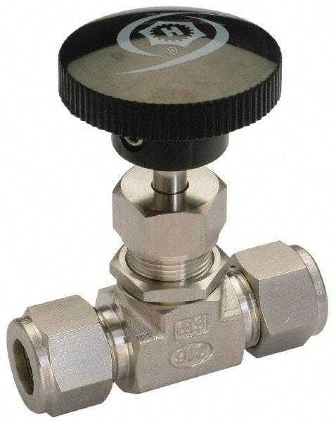 Ham-Let - 5,000 Max psi, 3/8" Pipe, 316 Grade Stainless Steel, Inline Stem Vee Instrumentation Needle Valve - Compression x Compression End Connections, Swaglok SS-1VS6 - USA Tool & Supply