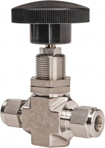 Ham-Let - 5,000 Max psi, 3/8" Pipe, 316 Grade Stainless Steel, Inline Stem Regulating Instrumentation Needle Valve - Compression x Compression End Connections, Swaglok SS-1RS6-SH - USA Tool & Supply