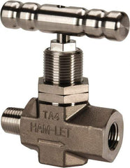 Ham-Let - 5,000 Max psi, 1/4" Pipe, 316 Grade Stainless Steel, Inline Soft Seat Instrumentation Needle Valve - MNPT x FNPT End Connections, Swaglok SS-1KM4-F4-SH - USA Tool & Supply