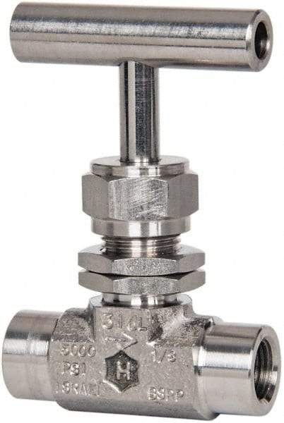Ham-Let - 5,000 Max psi, 1/4" Pipe, 316 Grade Stainless Steel, Inline Stem Vee Instrumentation Needle Valve - FNPT x FNPT End Connections, Swaglok SS-1VF4-SH - USA Tool & Supply