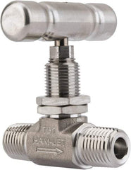 Ham-Let - 5,000 Max psi, 1/4" Pipe, 316 Grade Stainless Steel, Inline Stem Vee Instrumentation Needle Valve - MNPT x MNPT End Connections, Swaglok SS-1VM4-SH - USA Tool & Supply