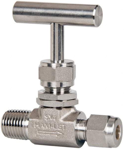 Ham-Let - 5,000 Max psi, 1/4 x 3/8" Pipe, 316 Grade Stainless Steel, Inline Stem Regulating Instrumentation Needle Valve - MNPT x Compression End Connections, Swaglok SS-1RM4-S6 - USA Tool & Supply