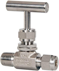 Ham-Let - 5,000 Max psi, 1/4 x 3/8" Pipe, 316 Grade Stainless Steel, Inline Stem Regulating Instrumentation Needle Valve - MNPT x Compression End Connections, Swaglok SS-1RM4-S6 - USA Tool & Supply