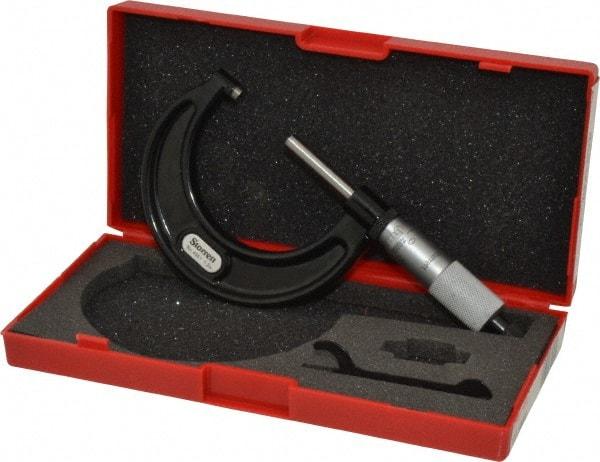 Starrett - 1 to 2" Range, 0.001" Graduation, Mechanical Outside Micrometer - Ratchet Stop Thimble, Accurate to 0.0001" - USA Tool & Supply