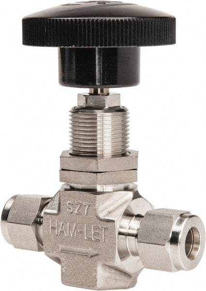 Ham-Let - 5,000 Max psi, 3/8" Pipe, 316 Grade Stainless Steel, Inline Stem Regulating Instrumentation Needle Valve - Compression x Compression End Connections, Swaglok SS-1RS6 - USA Tool & Supply