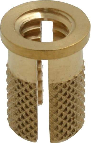 E-Z LOK - 1/4-20 UNC Brass Flanged Press Fit Threaded Insert for Plastic - 1/2" OAL, 0.326" Insert Diam, 5/16" Hole Diam, 5/16" Drill - USA Tool & Supply