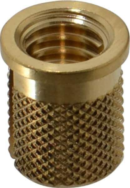 E-Z LOK - 5/16-18 UNC Brass Flanged Press Fit Threaded Insert for Plastic - 9/16" OAL, 0.389" Insert Diam, 0.357" Hole Diam, 3/8" Drill - USA Tool & Supply